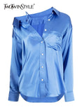 Casual Off Shoulder Shirt For Women Lapel Long Sleeve Asymmetrical Solid Button Through Blouse Female Clothing