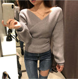 Fashion Sexy Cross V-Neck Women's Sweaters Autumn Winter Bottoming Slim Female Jumper Casual Solid Bodycom Beige Grey