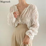 Graduation party gift Korean Fashion Pleated Casual Blouse Women Summer New Loose Folds Perspective Chiffon Shirt Long Sleeve Tops Blusas