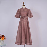 Court Style High Design Feeling Heavy Industry Nail Drill Short Sleeve Single Buckle Dress +