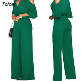 Women Sexy Off Shoulder Flare Sleeve Palazzo Wide Leg Pants Jumpsuit Vintage Elegant Loose Romper Streetwear V Neck Long