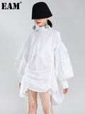 Women Drawstring Irregular Big Size Blouse New Stand Collar Long Sleeve Loose Shirt Fashion Spring Autumn 2023