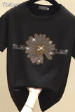 Fashion Ins Hot Rhinestone Loose T-shirt Women 2023 Summer Small Daisy Short Sleeve Sun Flower Cotton Tshirt