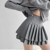 Preppy Style Double Pleated Skirt Women Korean Skort Summer Sexy Y2k High Waist Patchwork Solid Mini Skirt A-line