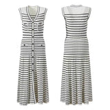 Knitted Dress Hollow Stripe V-Neck Sleeveless Temperament Elegant Summer
