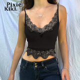 Lace Patchwork Brown Crop Top Y2k Clothes Fairy Grunge Style Cropped Tees Cami Ribbed Knitted Tank Tops