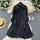 Version Of High-End Sense Polo Collar Shirt Women Autumn Three-Dimensional Flowers Loose Irregular Folding Tail Design