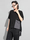 Women Black Big Size Plaid Pocket Button Ribbon T-shirt Round Neck Short Sleeve Fashion Tide Spring Summer 2023