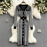 Women Elastic Knitted Dress Long Sleeve O Neck Button Belt Slim Sheath Dresses Autumn Sexy Bodycon Split Short