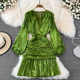 Women Sexy Draped Mini Dress Green/Red/Yellow Metal Color V-Neck Puff Long Sleeve High Waist Ruffle Hem Vestidos New