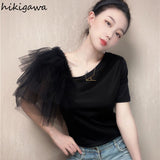 Shirts for Women Summer T Shirts O-neck Short Sleeve Tees Patchwork Gauze Fashion T-shirt Casual Korean Temperament