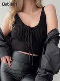 Graduation party Green Tank Top Women Sleeveless Knitted Vest Drawstring Blouses New Fashion Solid Color Sexy Streetwear Tanks and Camis Crop