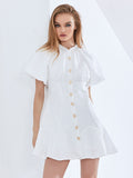 Metal Button Patchwork White Dress For Women Round Neck Puff Sleeve Casual Mini Dresses Female Fashion New