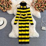 Women Retro Stripe Knitted Dress Sexy Off Shoulder Long Sleeve Slim Dresses Autumn Winter Bodycon Korean Sweater