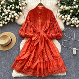 Spring And Summer New Lantern Sleeve Retro Hollow Lace Splicing Single Buckle Loose Lace Dress Dress