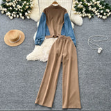 Suit Women's Port Wind Casual Colliding Color Splicing Collar Zipper Fake Two-Piece High-Waisted Cowboy Broad Leg