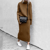 Casual Turtleneck Knitted Skirt Suit Oversized Y2K Knitted Long Sleeve Crop Top Two Piece Set Women Long Sleeve Dress