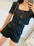 Summer Korean Temperament Elegant 2 Piece Set Small Fragrance Tweed Short Sleeve Crop Top + High Waist Short Pants