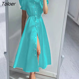 Rose Red Robe Office Summer O-Neck Lantern Sleeve Pearls Button Midi Dress Elegant Party A-Line Fit Flare Dress Women