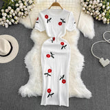 Summer Fashion Temperament Short-Sleeved Round To Receive Waist Thin Long Embroidery Knitted Coat