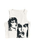 Funny Face Print Cropped Tank Top-Outfit