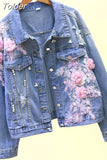 2023 Spring Autumn Jeans Jacket Korean Embroideried 3D Flowers Hole Cowboy Outerwear Causal Women Demin Coat