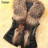 Women Leather Faux Fur Coat 2021 Winter Jacket Coat Women Casual Plus Size Sleeveless Faux Fox Fur Collar Vest
