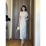 Waist Temperament Bag Folding Dress Dress Women's Summer Neckline Shoulder-To-Shoulder Temperament