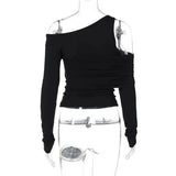 Black Asymmetrical Cut Out Off Shoulder Long Sleeve Top-Outfit