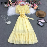 New Summer Women Temperament All-match V-neck puff sleeve Dress waist slim hollow out solid