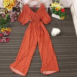 Jumpsuit Women Casual Elegant Polka Dot Puff Sleeve High Waist Chiffon Wide Leg Playsuit Female Rompers