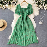 Sweet Floral Dress Women Green Square Collar Short Sleeve A-line Dresses Summer Bohemian Print Beach