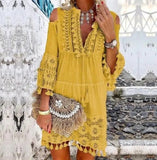 tassel boho dress women v Neck seven sleeve loose short dresses femme holiday bohemian chic dress plus size