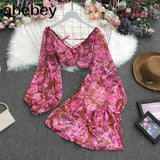 New Summer Fashion All-match V-neck Lantern Sleeve short Shirt + high waist slim floral Skirt 2-piece