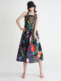 Print Dresses For Women Square Collar Sleeveless High Waist Folds Temperament Casual Dress Female Summer Fashion