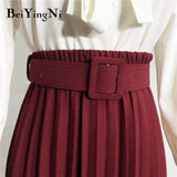 Korean Style Pleated Midi Skirt Women Casual New Fashion High Elastic Waist Skirts Black Pink Elegant Skirt Belt