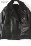 MODA Autumn Winter Women Warm Black Zipper Faux Leather Jacket Coat Loose Turn Down Collar Thickness Overcoat Female