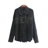 Women Stylish Fringe Beaded Oversized Jacket Coat Long Sleeve Frayed Trim Tassel Ladies Outerwear Chaqueta Mujer Chic