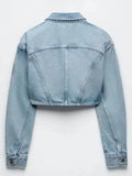 Fashion Women's Short Denim Jackets New Lapel Long Sleeve Pocket Single Breasted Solid Coat Female Autumn 2023