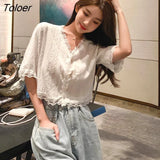 Women White Cropped Tops Hollow Out All-match Lace V-Neck Half Sleeve Solid Single Breasted Fashion Mujer Clothes