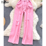 Hole Ripped Jeans Women Autumn High Waist Straight Long Pants Blue Casual High Street Tube Pants Denim Trousers