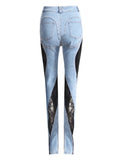 Fashion Women's Jeans High Waist Contrast Color Black Lace Patchwork Slim Denim Pencil Pants Summer 2023 New Tide