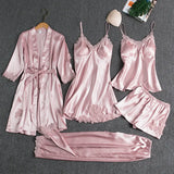 Women Summer Ice Silk Sexy Hot Home Clothes Spring And Autumn Long-Sleeved Thin Five-Piece Set