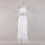 Feather Elegant Women 2 Piece Skirt Set Party Satin Skirt Outfit Ladies Crop Camisole And Long Skirts Summer