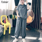 Summer New Women Suit Sports Suit Korean Loose Age-reducing Oversized Hooded Short Sleeve T-shirt Leisure Pants 2 Piece