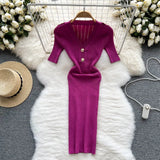Button Knitted Dress Women Solid V Neck Summer 2022 Elegant Fashion Short Sleeves Ladies A Line Midi