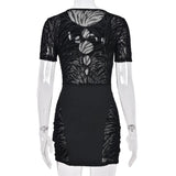 Sisterlinda Autumn Sexy See Through Bodycon Mini Dress Women Casual Street Short Sleeve Hollow Out Party Clubwaer Female