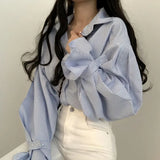 The Spring Of 2025, The New Korean Version Of The College Style Design Is Loose And Small Lantern Sleeve Striped Shirt Shirt For