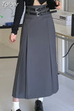 Vintage Belt Long Skirt Women Autumn 90s Aesthetic Streetwear Y2k High Waist Slim A-line Pleated Skirt Korean