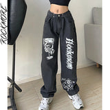 Rockmore Gothic Street Jeans Women'S Low Waist Wide Leg Pants Y2K Print Baggy Casual Straight Cargo Denim Trousers Female